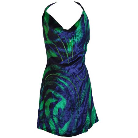 Versace Navy and Green Velvet Halter Dress For Sale at 1stdibs
