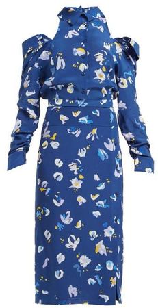 Chiara Cut Out Floral Print Silk Crepe Midi Dress - Womens - Blue Multi