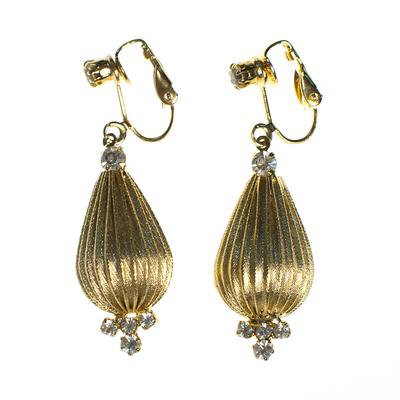 Vintage Fluted Gold Orb Dangling Drop Statement Earrings with Crystals - Vintage Meet Modern