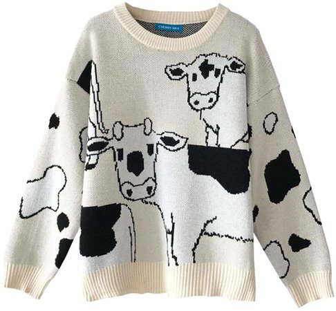 Women's Cow Print Thick Knit Sweater Casual Pullover Sweater Knit Tops for Winter Pullovers White at Amazon Women’s Clothing store
