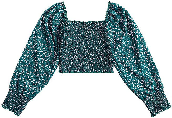 MakeMeChic Women's Ditsy Floral Print Square Neck Shirred Long Sleeve Crop Top Blouse at Amazon Women’s Clothing store