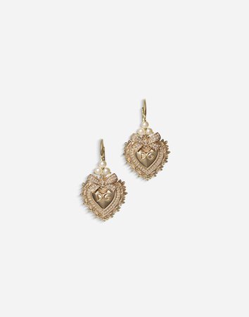 Women's Jewellery | Dolce&Gabbana - DEVOTION EARRINGS IN YELLOW GOLD WITH DIAMONDS AND PEARLS