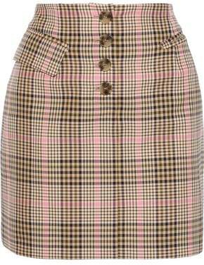 Button-detailed Checked Woven Mini Skirt