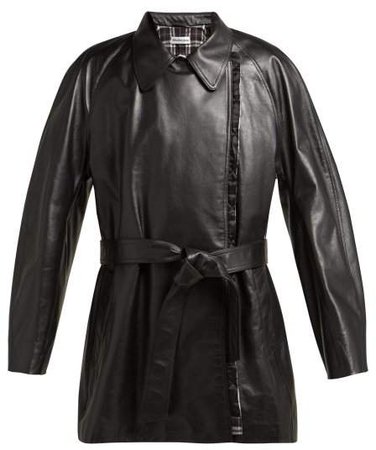 Belted Leather Coat - Womens - Black