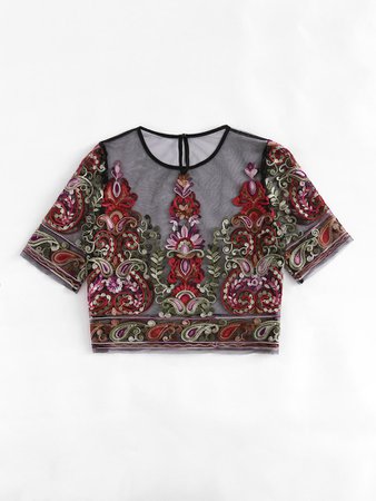 Floral Embroidered Mesh Crop Top | SHEIN
