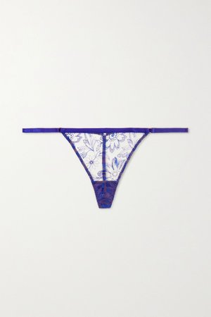 Cobalt blue Colombia Road satin-trimmed embroidered tulle thong | Myla | NET-A-PORTER