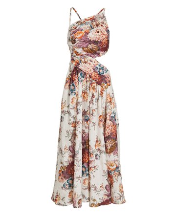 Zimmermann Asymmetric Tie-Back Floral Midi Dress | INTERMIX®
