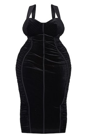 Plus Black Velvet Ruched Side Cup Midi Dress | PrettyLittleThing USA
