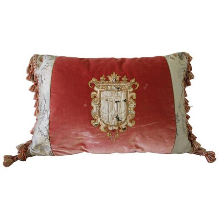 Antique Embroidered Crest Velvet with Tassle Pillow For Sale at 1stdibs