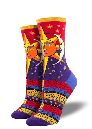 Laurel Burch Socks | Colorful & Artistic Celestial Sun & Moon Socks - Cute But Crazy Socks