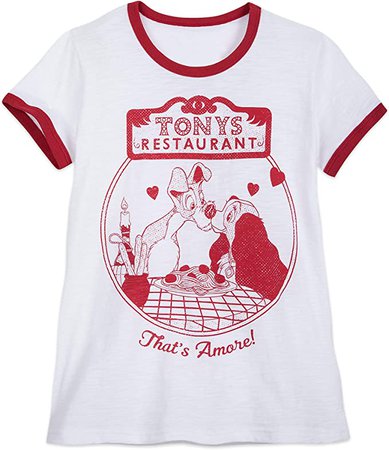 Disney Tony's Restaurant Ringer T-Shirt for Women – Lady and The Tramp- Size XL at Amazon Women’s Clothing store