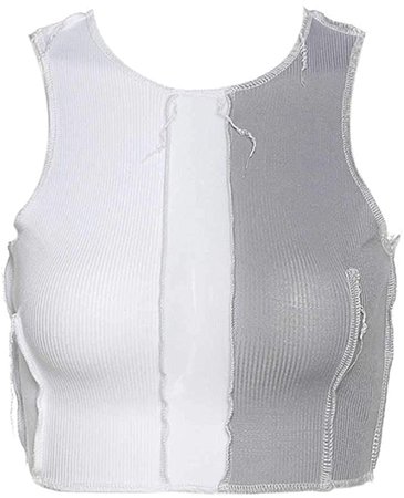 Women’s Color Block Patchwork Crop Top Sleeveless See Through Cami Irregular Hem Tank Vest at Amazon Women’s Clothing store