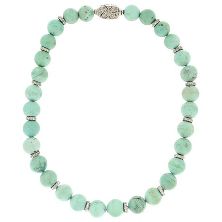 Handcraft Turquoise 18 Karat White Gold Diamonds Beaded Necklace For Sale at 1stDibs