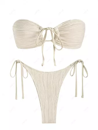 ZAFUL Women's Wave Textured Cinched Ruched Tie Side Tanga Bandeau Bikini Two Piece Set Swimwear In LIGHT COFFEE | ZAFUL 2024