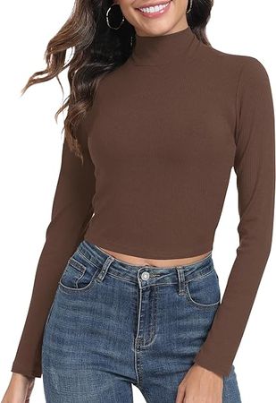 Artfish Women's Basic Mock Neck Slim Fitted Workout Rib Knit Long Sleeve Crop Top at Amazon Women’s Clothing store