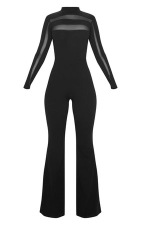 Black High Neck Mesh Insert Long Sleeve Jumpsuit | PrettyLittleThing