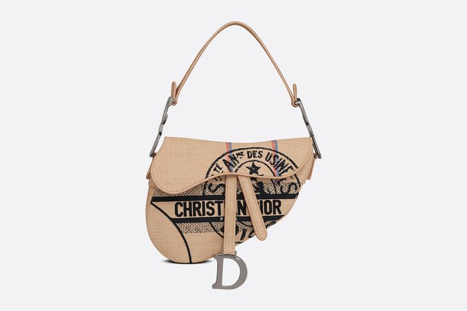 Saddle Bag Beige Jute Canvas Embroidered with Dior Union Motif | DIOR