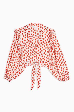 Red Spot Frill Tie Front Blouse | Topshop
