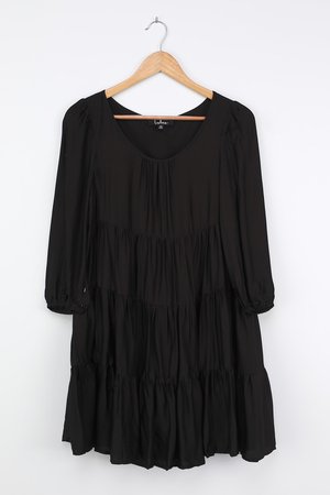 Black Babydoll Dress - 3/4 Sleeve Mini Dress - Tiered Swing Dress