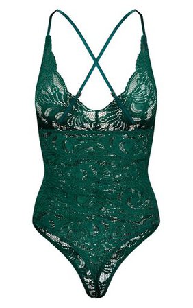 Dark Green Sheer Lace Cross Back Bodysuit | PrettyLittleThing