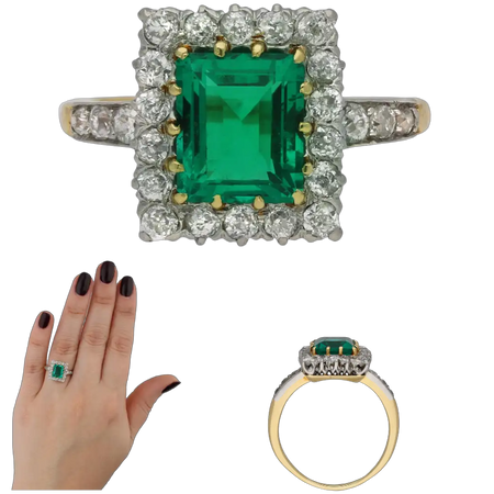 vintage 1910s Edwardian Colombian Emerald and Diamond Cluster Ring, circa 1910