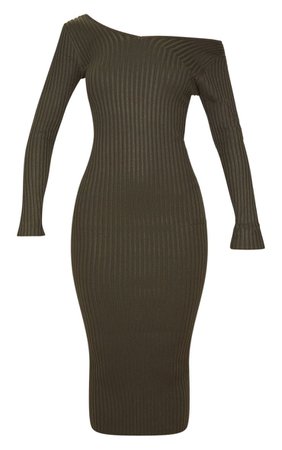 Khaki Off Shoulder Rib Knitted Midaxi Dress | PrettyLittleThing USA