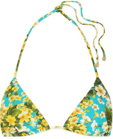 Floral-print Triangle Bikini Top - Light blue