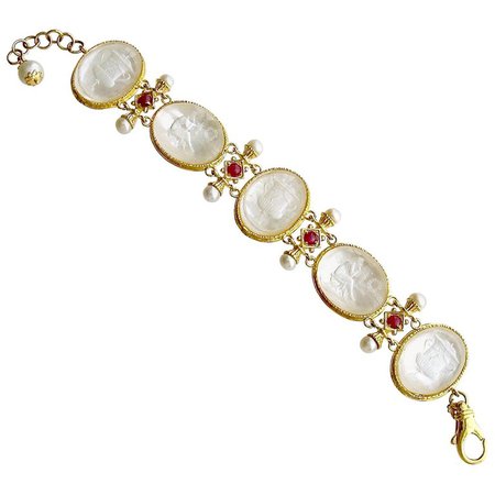 White Venetian Glass Intaglios Pearls Rubies Mop Bracelet, Varenna Bracelet For Sale at 1stdibs