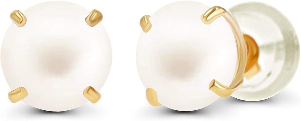 Amazon.com: 14K Yellow Gold 4mm AAAA White Freshwater Cultured Pearl Prong Set Stud Earrings For Women - June Birthstone: Clothing, Shoes & Jewelry