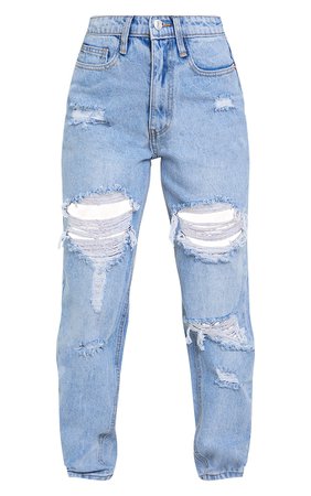 Plt Petite Light Blue Wash Distressed Mom Jeans | PrettyLittleThing USA