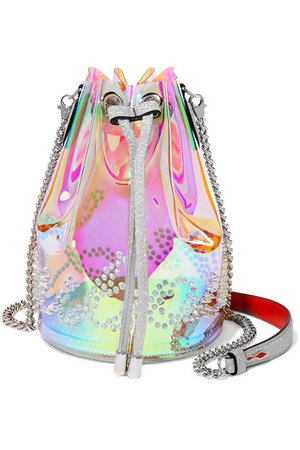 Christian Louboutin | Marie Jane spiked iridescent PVC and glittered-leather bucket bag | NET-A-PORTER.COM