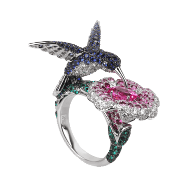 BOUCHERON, HOPI, THE HUMMINGBIRD RING PINK SAPPHIRE Ring set with a pink oval sapphire, pavé blue sapphires, pink sapphires, emeralds and diamonds, in white gold