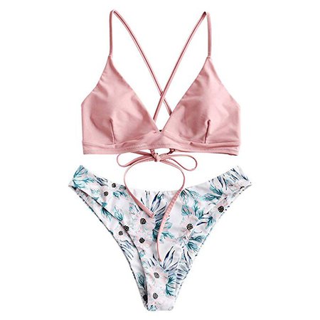 ZAFUL Women Braided Straps Lace Up Bikini Set Bralette Swimsuit Flower Bathing Suit Pink M: Clothing