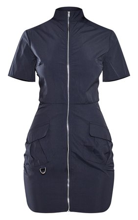 Navy Parachute Cargo Zip Through Shirt Dress | PrettyLittleThing USA