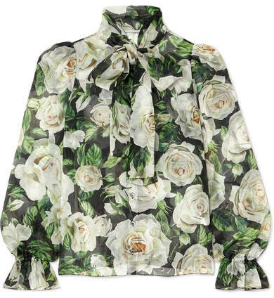 Pussy-bow Floral-print Silk-organza Blouse - Green