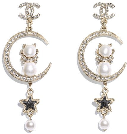 Earrings, metal, glass pearls, imitation pearls, strass and resin, gold, mother of pearl white, crystal and blue - CHANEL