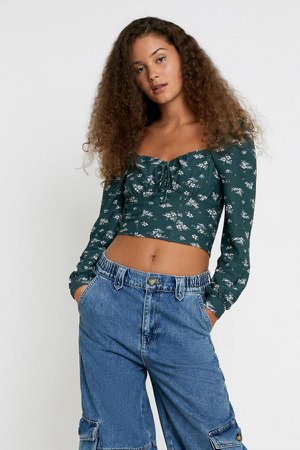 UO Printed Lace-Up Blouse | Urban Outfitters