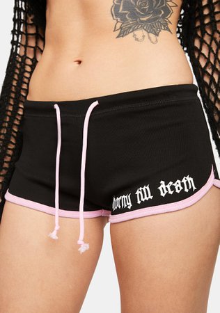 Too Fast Horny Graphic Booty Shorts - Black/Pink | Dolls Kill