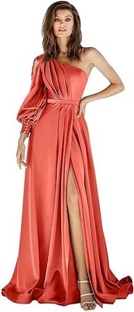 Amazon.com: WOIDOCE One Shoulder Long Sleeve Prom Dresses with Slit Satin Pleated Applique Formal Evening Party Gowns for Women : Clothing, Shoes & Jewelry