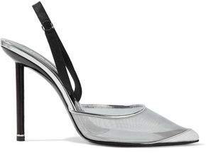 Metallic Leather And Satin-trimmed Mesh Slingback Pumps