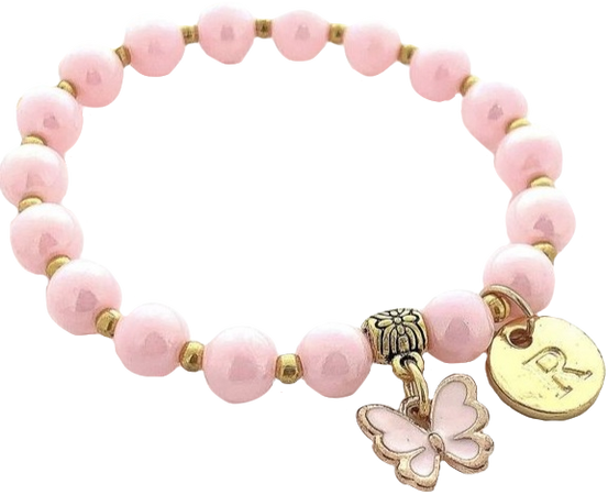 pink butterfly beaded bracelet with r charm