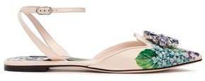 Crystal-embellished Floral-print Patent-leather Point-toe Flats