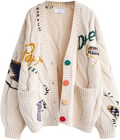 QUSHI Women's Cute Cable Knit Open Front Cardigan Kawaii Long Sleeve Button Embroidered Sweater Coat Outwear Beige One Size at Amazon Women’s Clothing store