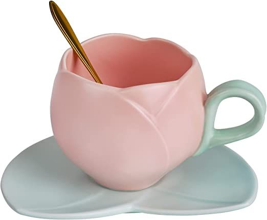 Koythin Ceramic Coffee Mug with Saucer Set, Creative Tulip Cup Unique Irregular Design for Office and Home, Dishwasher and Microwave Safe, Cute Cup for Latte Tea Milk (9.5oz, Pink): Cup & Saucer Sets