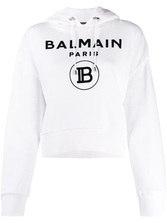 White Balmain Printed Logo Cropped Hoodie | Farfetch.com