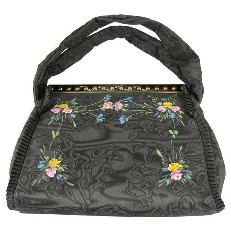 Black Floral "bags of tomorrow" New In Box HandBag Purse 1939 Hand Painted For Sale at 1stDibs