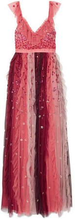 Rainbow Embellished Tulle Midi Dress - Burgundy