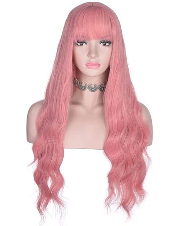 Amazon.com: AMZCOS Long Wavy Pink Wig with Bangs for Women Heat Resistant Synthetic Hair Wigs for Daily, Cosplay Events (Pink) : Clothing, Shoes & Jewelry