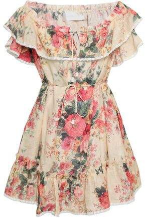 Off-the-shoulder Floral-print Gauze Mini Dress