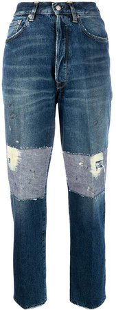 high rise patch detail jeans
